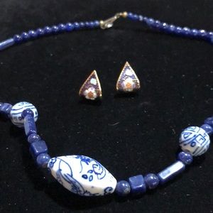Sodalite Necklace With Three Hand Painted Beads & Cloisonné Earrings